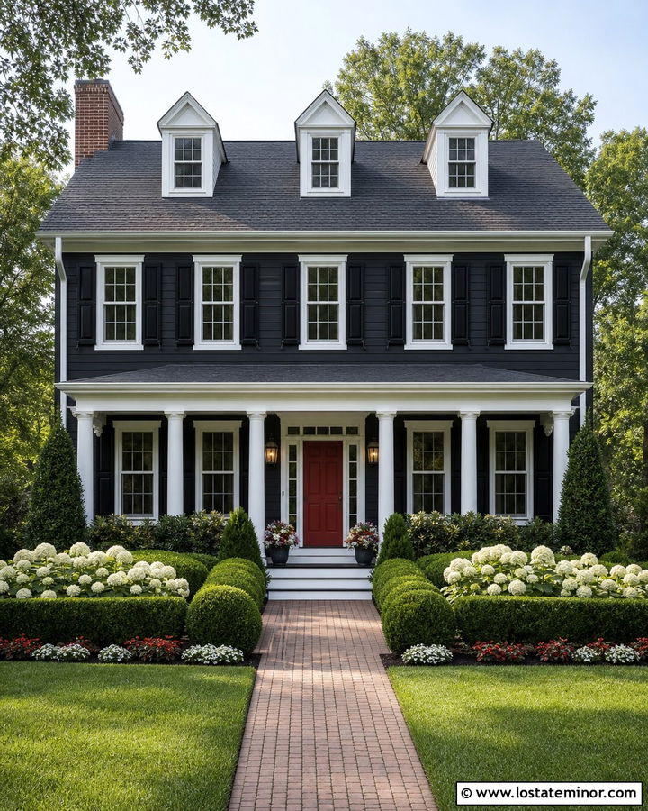 Black Colonial House With Boxwood Front Yard - 30 Black House Design With Front Yard Ideas