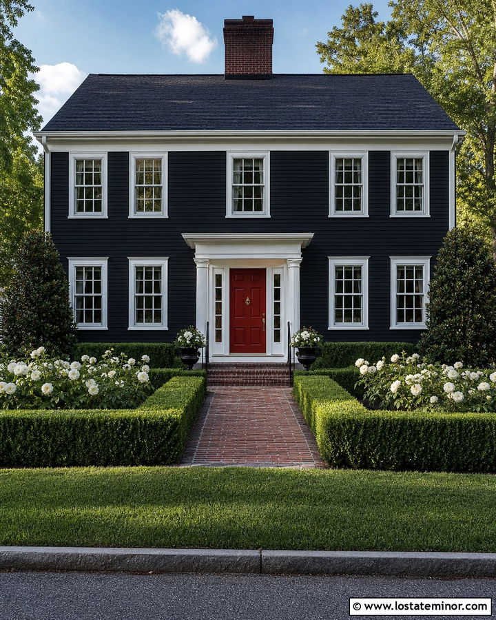 Black Colonial House With Boxwood Hedges - 30 Black House Design With Landscaping Ideas