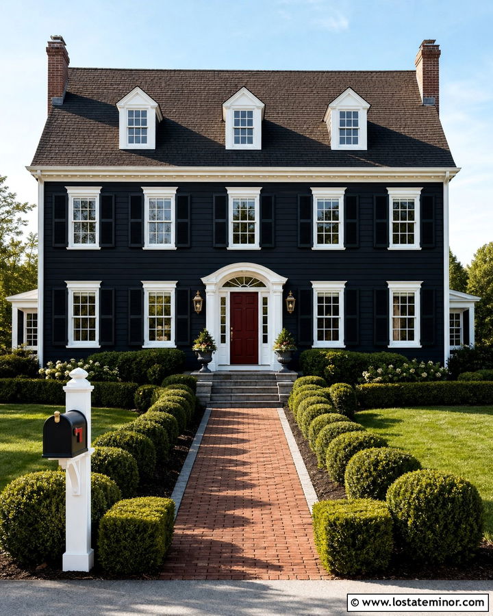 Black Colonial House With Brass Mailbox - 30 Black House Design With Mailbox Ideas