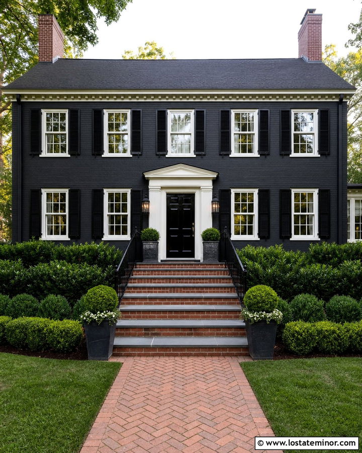 Black Colonial House With Brick Steps - 30 Black House Design With Steps Ideas