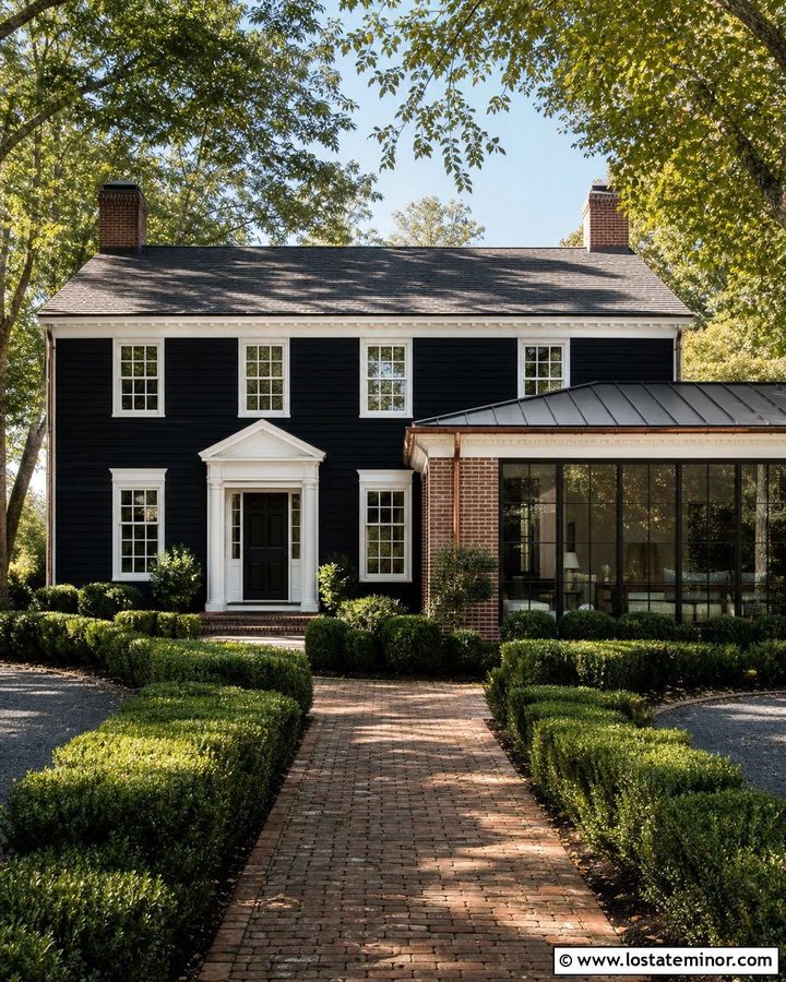 Black Colonial House With Brick Sunroom - 30 Black House Design With Sunroom Ideas