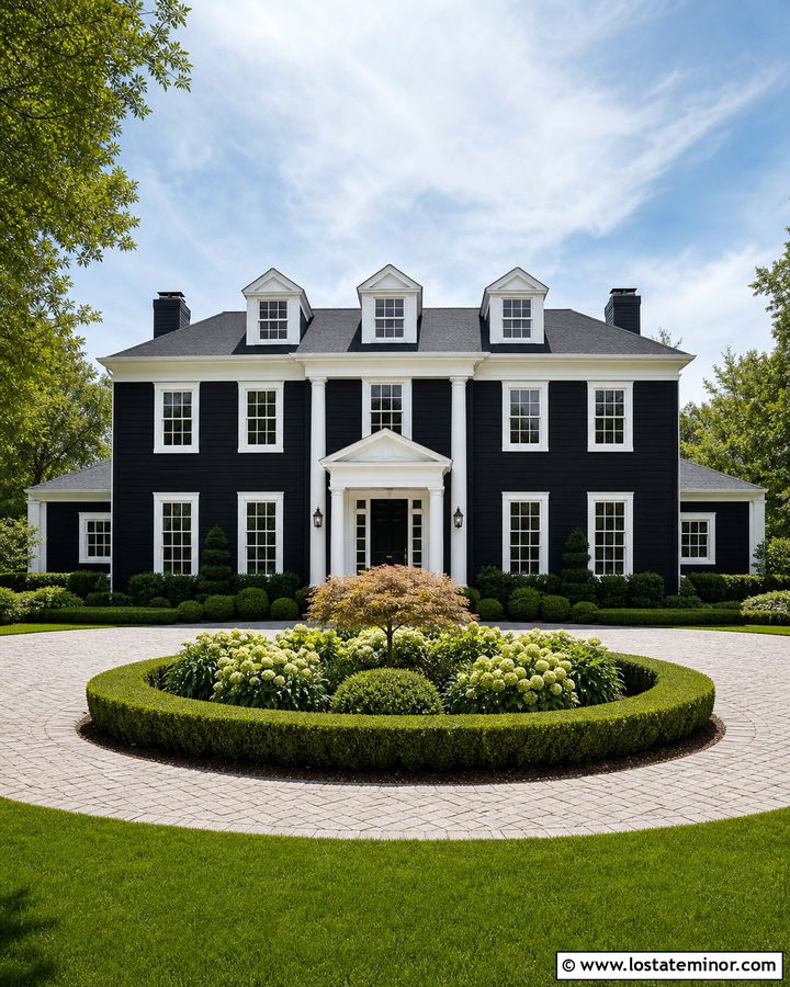 Black Colonial House With Circular Driveway - 30 Black House Design With Driveway Ideas