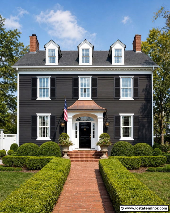 Black Colonial House With Copper Awning - 30 Black House Design With Awning Ideas
