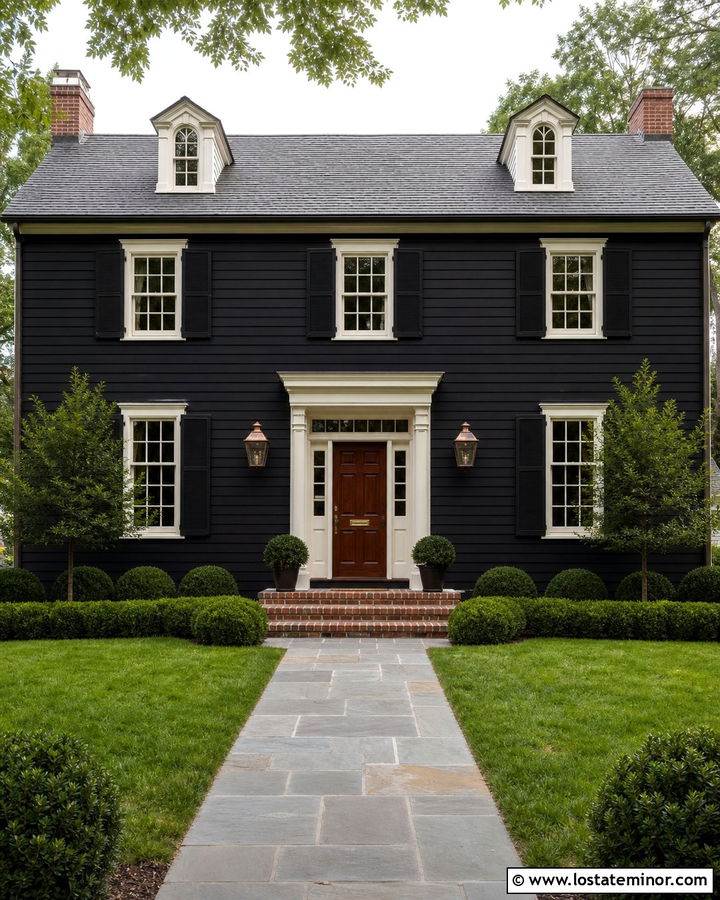 Black Colonial House With Copper Lanterns - 30 Black House Design With Light Fixtures Ideas