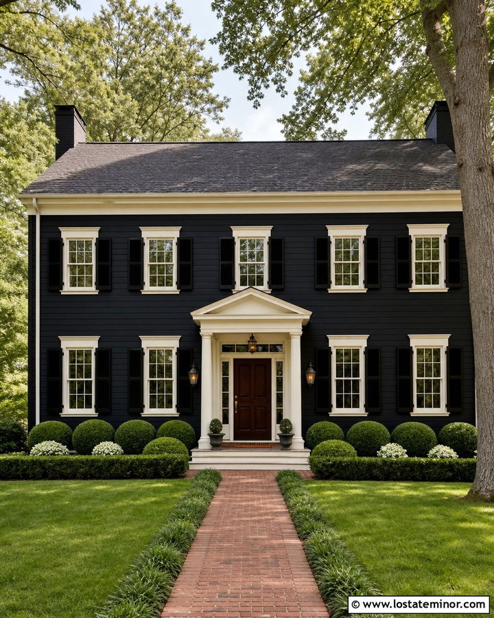 Black Colonial House With Cream Trim - 30 Black House Design With Siding Ideas