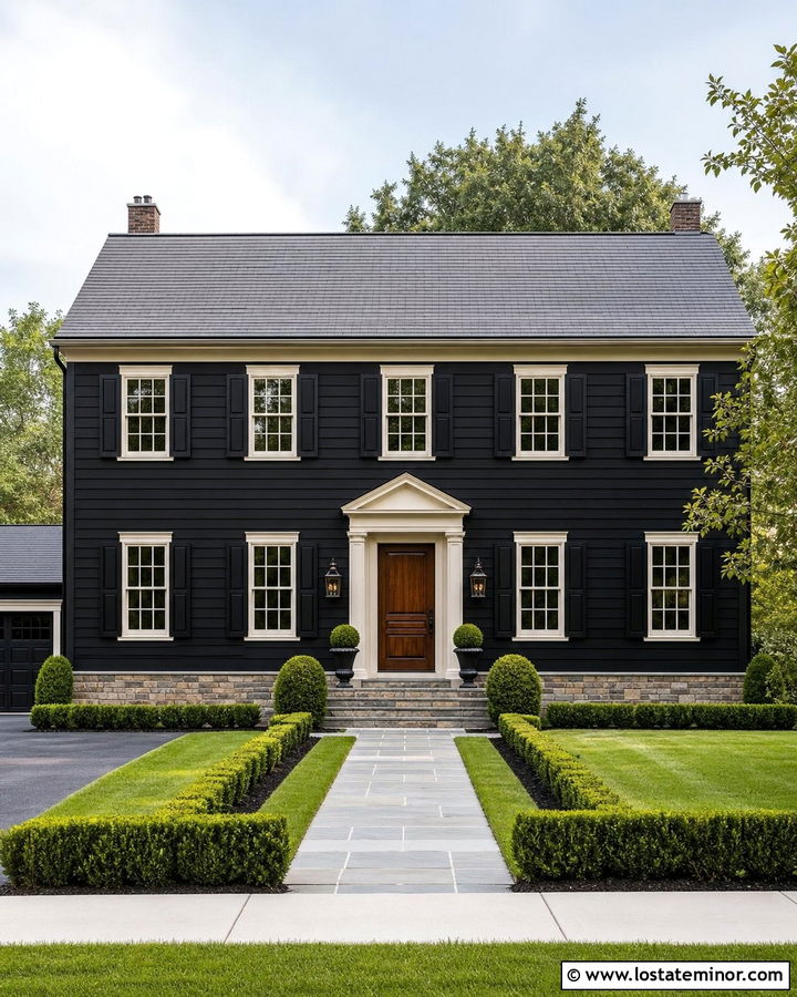 Black Colonial House With Cut Stone - 30 Black House Design With Stone Accents Ideas