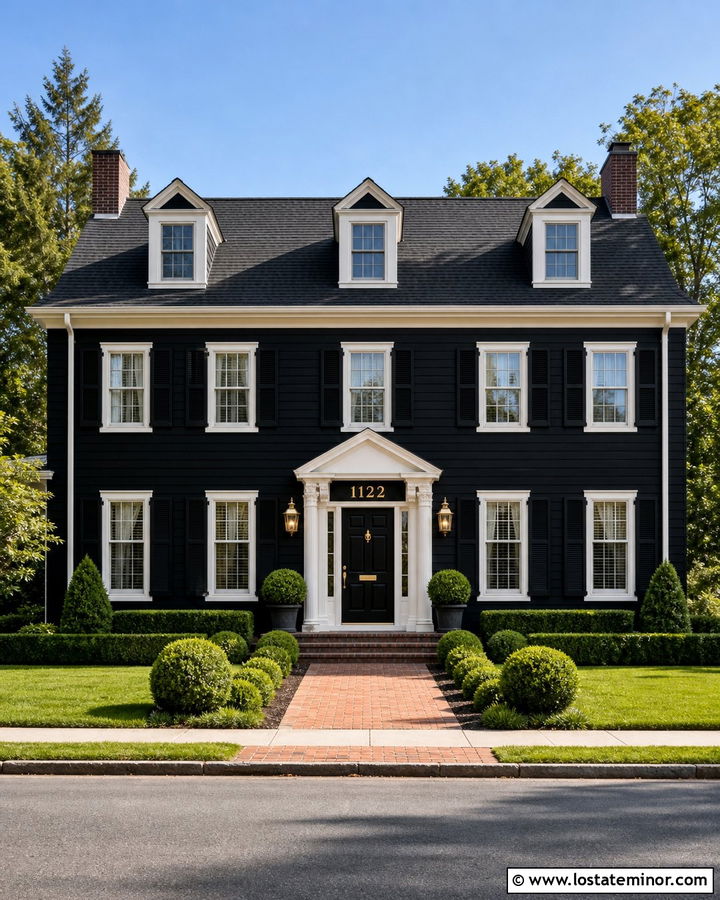 Black Colonial House With Gold House Numbers - 30 Black House Design With House Numbers Ideas