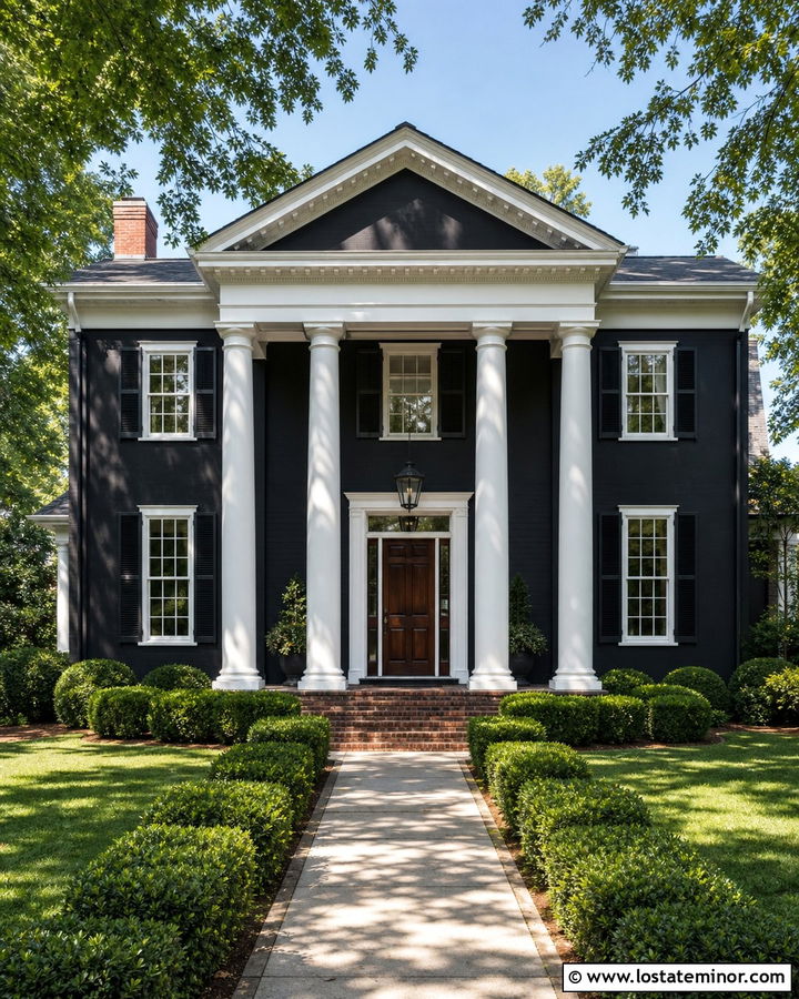Black Colonial House With Greek Revival Portico - 30 Black House Design With Portico Ideas