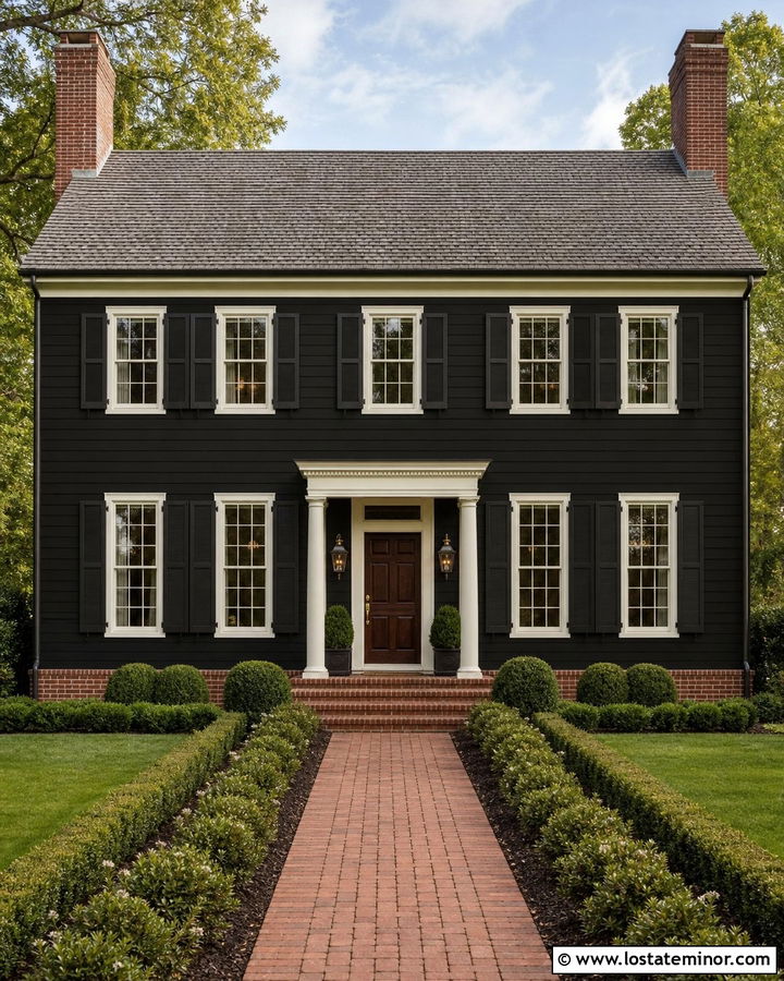 Black Colonial House With Red Brick - 30 Black House Design With Brick Accents Ideas