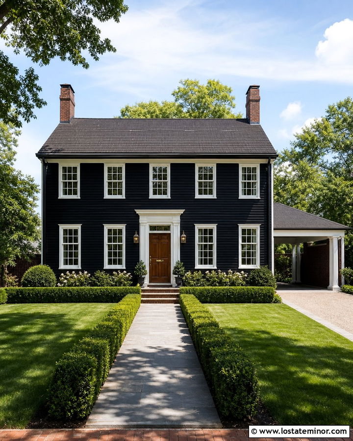 Black Colonial House With Side Carport - 30 Black House Design With Carport Ideas