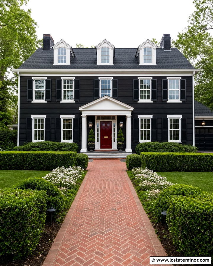 Black Colonial House With Straight Brick Walkway - 30 Black House Design With Walkway Ideas