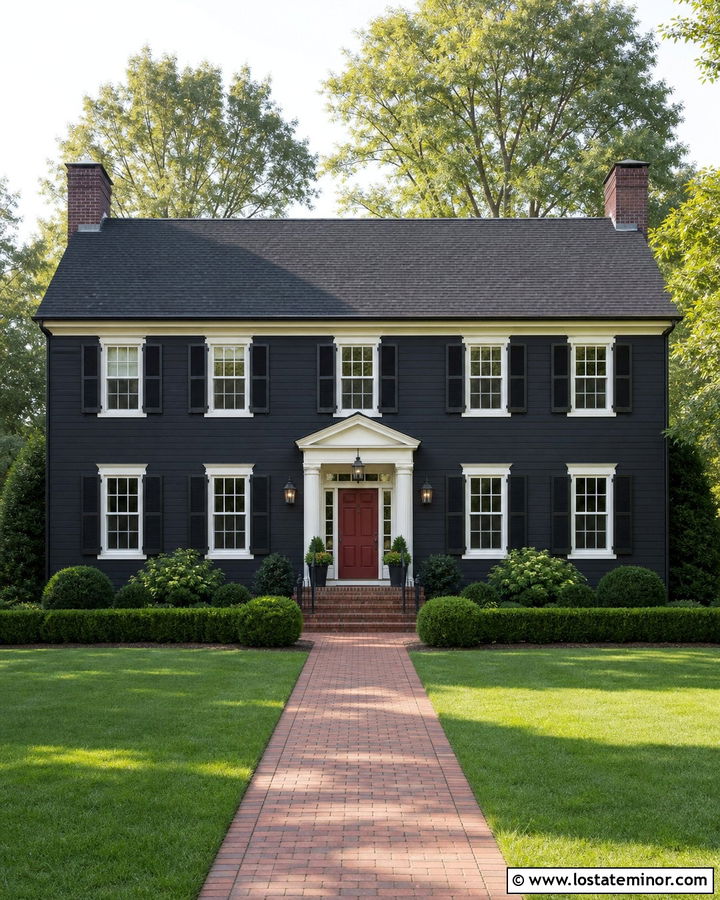Black Colonial House With Traditional Lanterns - 30 Black House Design With Lighting Ideas