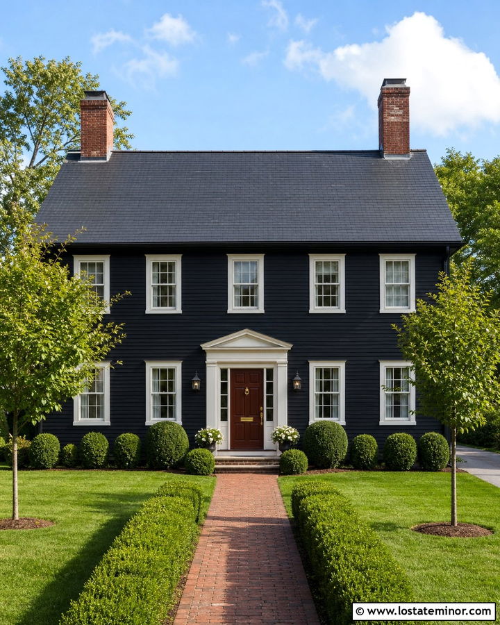 Black Colonial House With Twin Chimneys - 30 Black House Design With Chimney Ideas