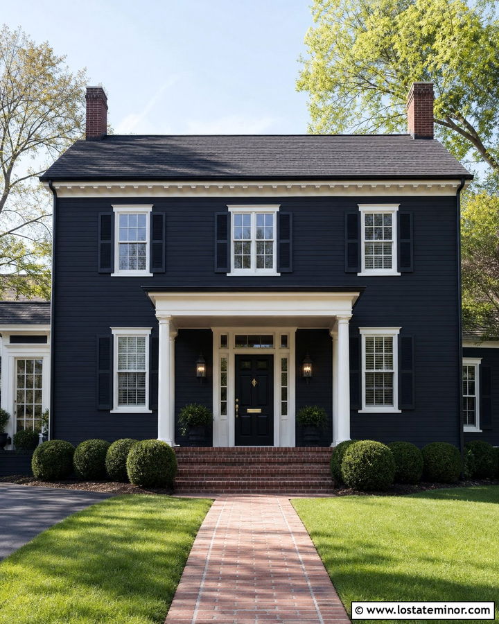 Black Colonial House With Warm Gray Porch Ceiling - 30 Black House Design With Porch Ceiling Ideas