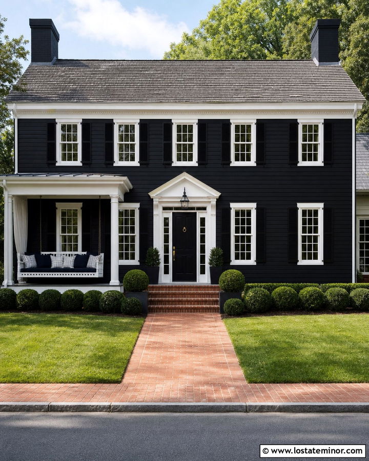 Black Colonial House With White Porch Daybed - 30 Black House Design With Daybed Ideas