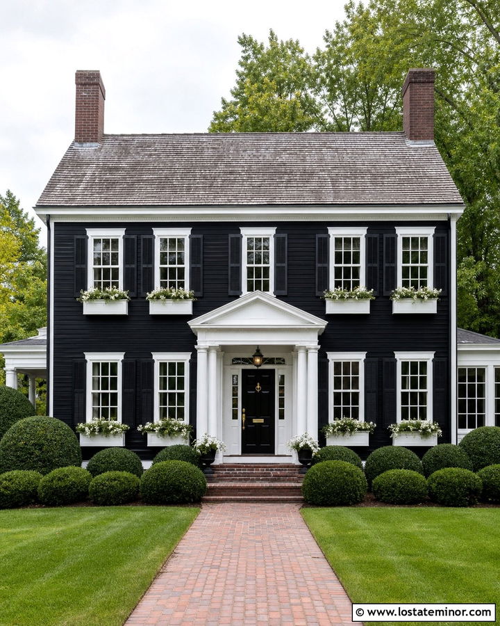 Black Colonial House With White Window Boxes - 30 Black House Design With Window Boxes Ideas