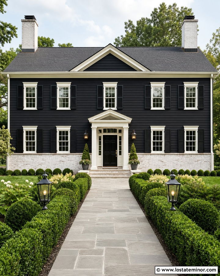 Black Colonial House With Whitewashed Brick Wainscoting - 30 Black House Design With Wainscoting Ideas