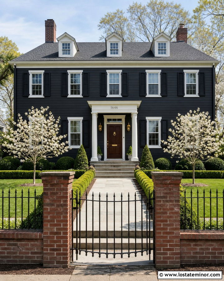 Black Colonial House With Wrought Iron Fence - 30 Black House Design With Fence Ideas