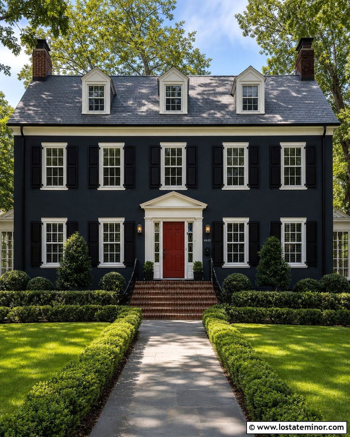 Black Colonial House With Wrought Iron Railings - 30 Black House Design With Railings Ideas