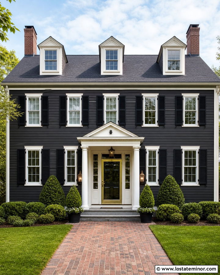 Black Colonial With Brass Storm Door - 30 Black House Design With Storm Door Ideas