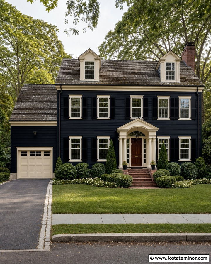 Black Colonial With Cream Garage Door - 30 Black House Design With Garage Door Ideas