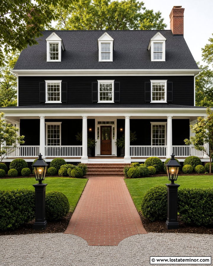 Black Colonial With White Front Porch - 30 Black House Design With Front Porch Ideas