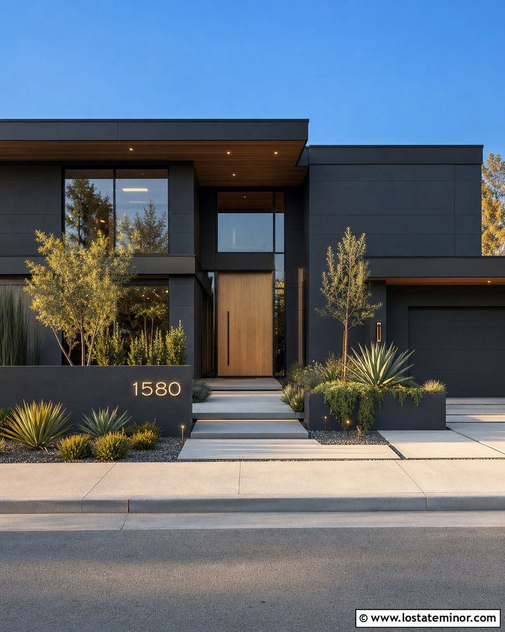Black Contemporary House With Backlit House Numbers - 30 Black House Design With House Numbers Ideas