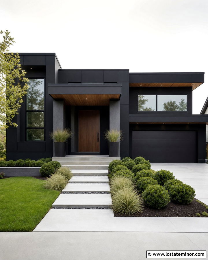 Black Contemporary House With Concrete Columns - 30 Black House Design With Porch Columns Ideas
