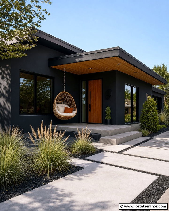 Black Contemporary House With Egg Swing - 30 Black House Design With Swing Ideas