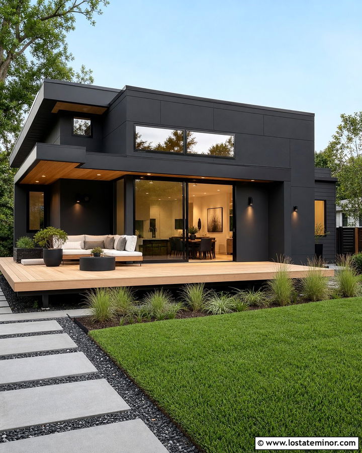 Black Contemporary House With Floating Deck - 30 Black House Design With Deck Ideas