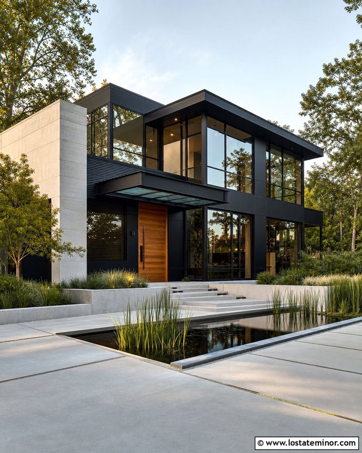 Black Contemporary House With Glass Canopy - 30 Black House Design With Awning Ideas