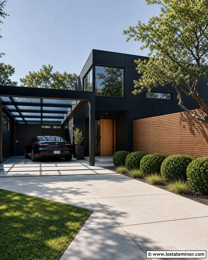 Black Contemporary House With Glass Carport - 30 Black House Design With Carport Ideas