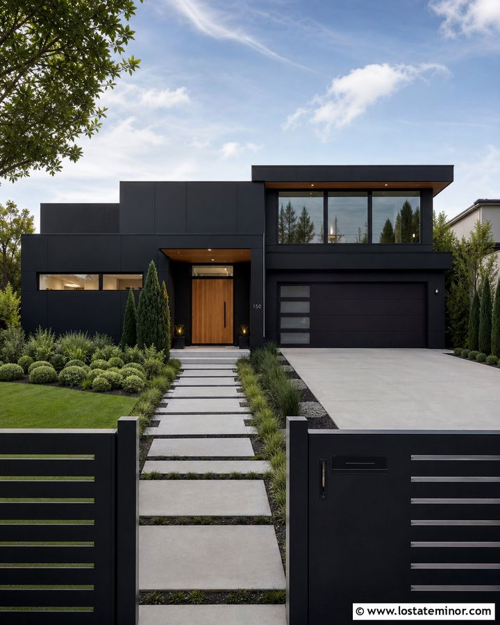 Black Contemporary House With Horizontal Slat Fence - 30 Black House Design With Fence Ideas