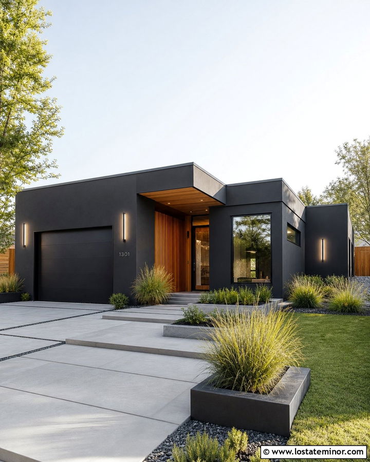 Black Contemporary House With Linear LED Lights - 30 Black House Design With Light Fixtures Ideas