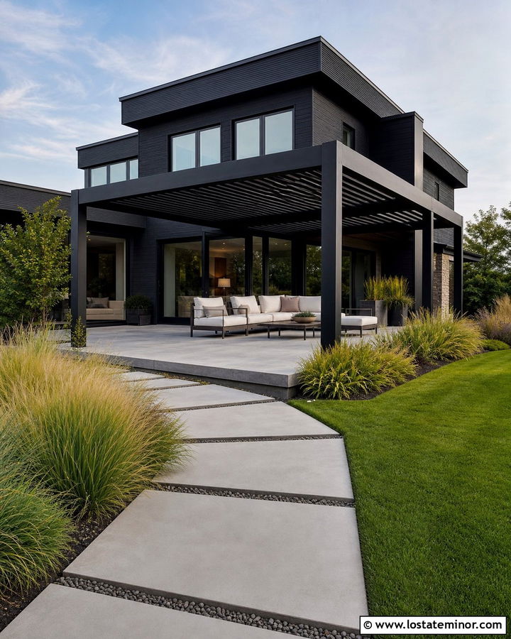 Black Contemporary House With Louvered Pergola - 30 Black House Design With Pergola Ideas