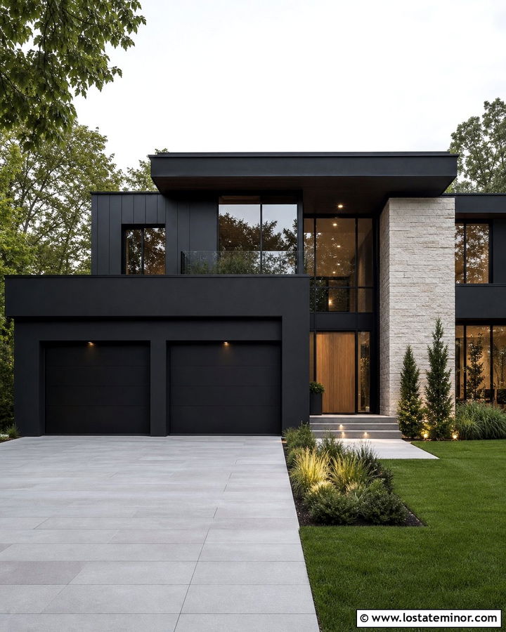 Black Contemporary House With Porcelain Paver Driveway - 30 Black House Design With Driveway Ideas