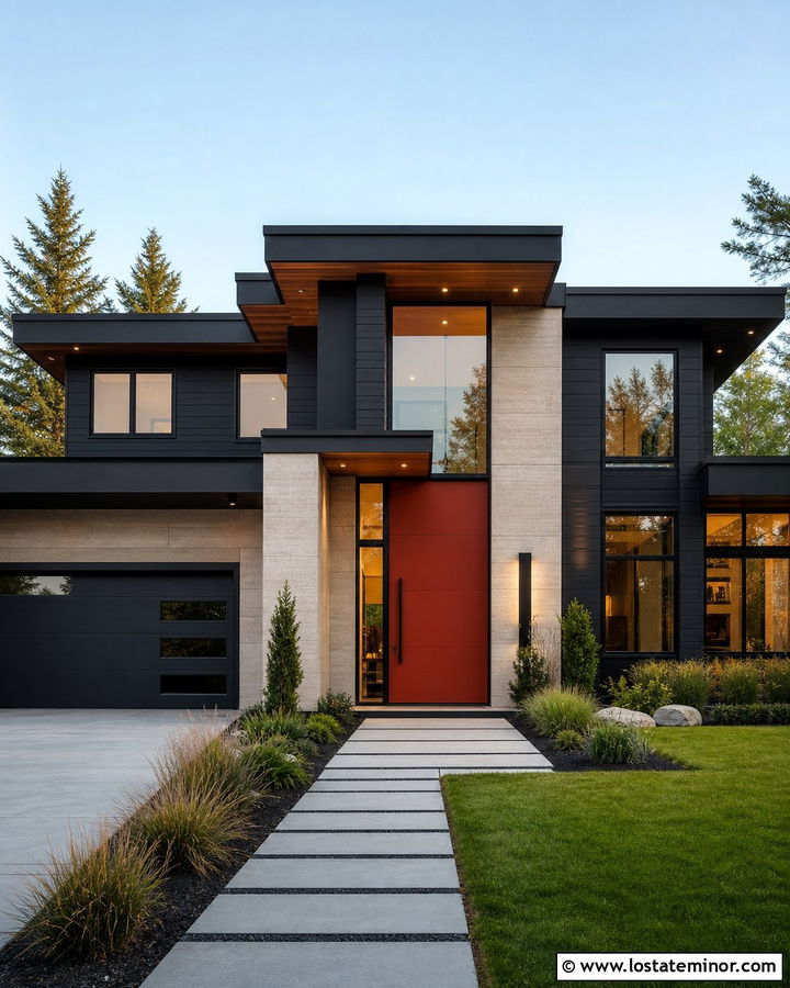 Black Contemporary House With Red Pivot Door - 30 Black House Design With Entry Door Ideas