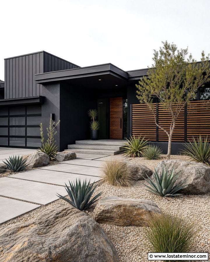 Black Contemporary House With Xeriscape Yard - 30 Black House Design With Front Yard Ideas