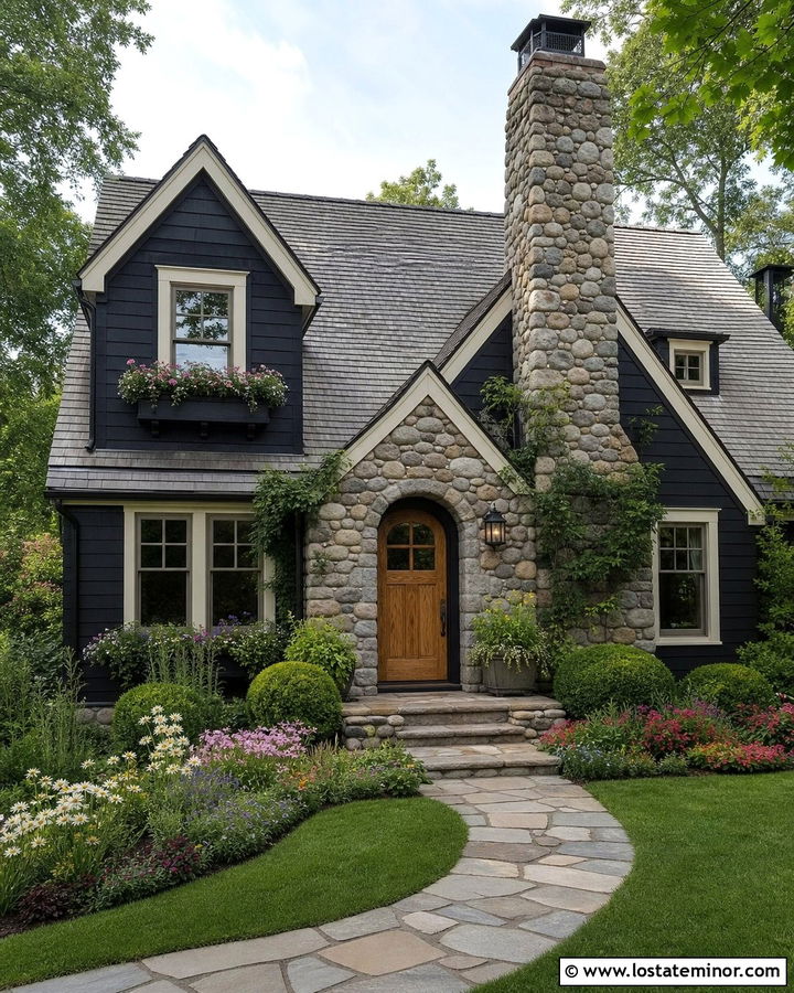 Black Cottage House With Cobblestone - 30 Black House Design With Stone Accents Ideas
