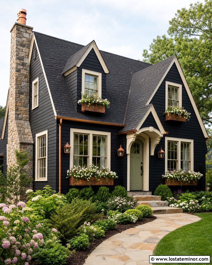 Black Cottage House With Copper Window Boxes - 30 Black House Design With Window Boxes Ideas