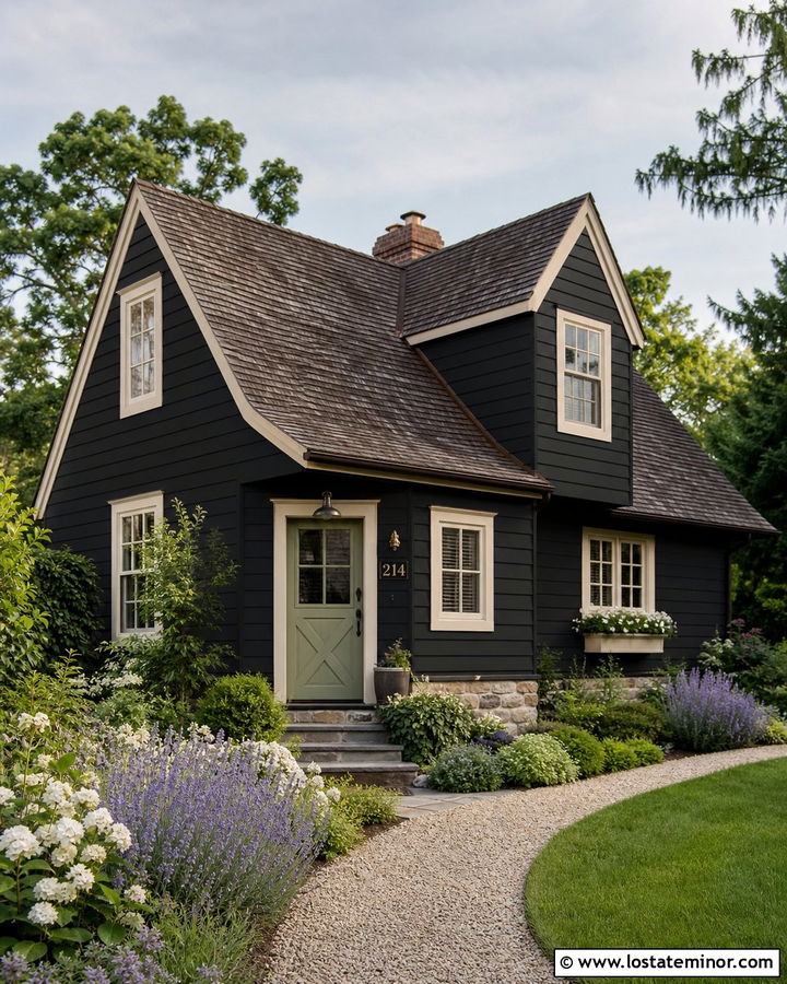 Black Cottage House With Cream House Numbers - 30 Black House Design With House Numbers Ideas
