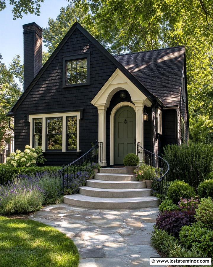Black Cottage House With Curved Steps - 30 Black House Design With Steps Ideas