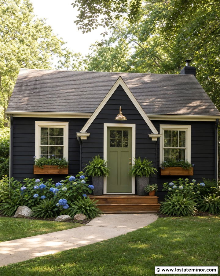 Black Cottage House With Gooseneck Lights - 30 Black House Design With Light Fixtures Ideas