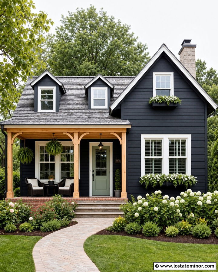 Black Cottage House With Natural Pine Porch Ceiling - 30 Black House Design With Porch Ceiling Ideas
