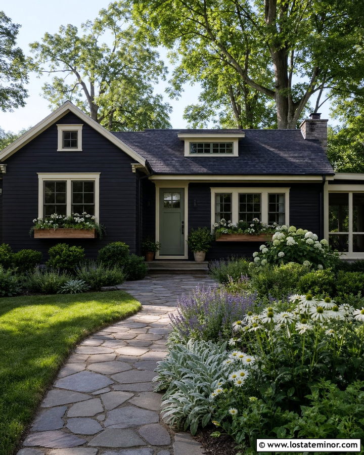 Black Cottage House With White Flower Garden - 30 Black House Design With Landscaping Ideas