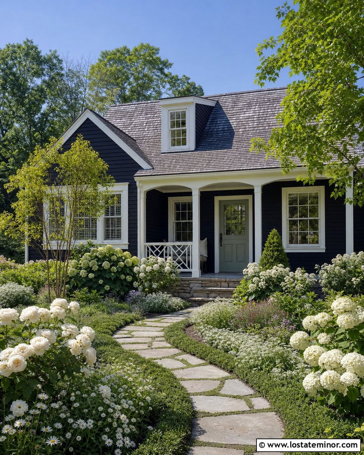 Black Cottage House With White Flower Garden - 30 Black House Design With Front Yard Ideas