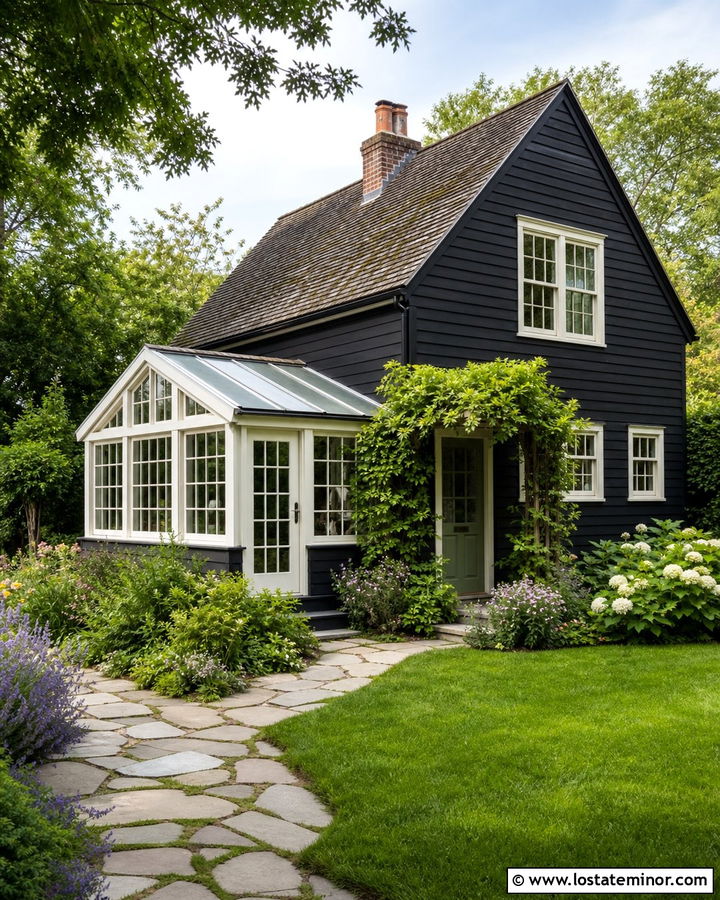 Black Cottage House With White Sunroom Trim - 30 Black House Design With Sunroom Ideas