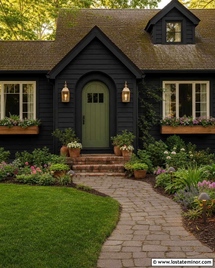 Black Cottage With Antique Brass Lighting - 30 Black House Design With Lighting Ideas