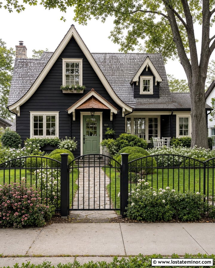 Black Cottage With Arched Metal Fence - 30 Black House Design With Fence Ideas
