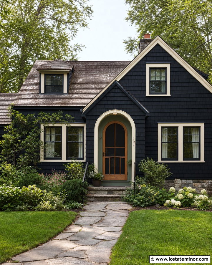 Black Cottage With Arched Screen Door - 30 Black House Design With Screen Door Ideas